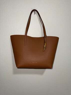 Calvin Klein Rachel Pebbled Leather Tote Bag in Walnut Gold